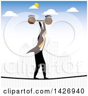 Poster, Art Print Of Corporate Business Man Carrying A Profits And Revenue Barbell And Walking A Tight Rope Over A City