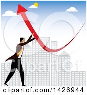 Poster, Art Print Of Corporate Business Man Pushing A Red Arrow Upwards Over City Skycrapers
