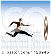 Poster, Art Print Of Corporate Business Man Running Towards A Bullseye Against A City