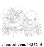 Poster, Art Print Of Cartoon Black And White Lineart Christmas Santa Claus Driving A Vintage Covertible Car