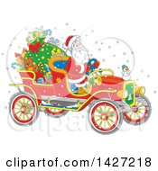 Poster, Art Print Of Cartoon Christmas Santa Claus Driving A Vintage Covertible Car