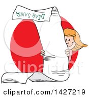 Poster, Art Print Of Cartoon Caucasian Girl Peeking Around A Very Long Dear Santa Letter Over A Red Circle