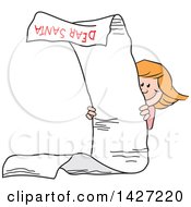 Clipart Of A Cartoon Caucasian Girl Peeking Around A Very Long Dear Santa Letter Royalty Free Vector Illustration by Johnny Sajem