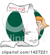 Cartoon Caucasian Girl Peeking Around A Very Long Dear Santa Letter Over A Green Circle