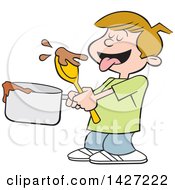 Clipart Of A Cartoon Dirty Blond Caucasian Boy Licking A Spoon And Holding A Pot Of Cookie Dough Or Brownie Batter Royalty Free Vector Illustration