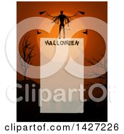 Poster, Art Print Of Halloween Border Of A Demon Against A Full Moon Over A Cemetery With Silhouetted Bare Trees Over Halloween And Text Space