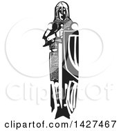 Clipart Of A Black And White Woodcut Medieval Knight With A Sword And Shield Royalty Free Vector Illustration by xunantunich