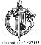 Clipart Of A Black And White Woodcut Medieval Knight With A Sword And Shield Inside A Dragon Circle Royalty Free Vector Illustration by xunantunich