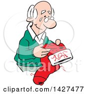 Poster, Art Print Of Cartoon Nostalgic Old Caucasian Man Holding A Christmas Stocking And Thinking Of Happy Memories