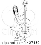Clipart Of A Cartoon Black And White Lineart Chubby Caveman Musician Playing A Bass Fiddle Royalty Free Vector Illustration