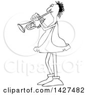 Poster, Art Print Of Cartoon Black And White Lineart Chubby Caveman Musician Playing A Trumpet