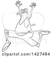 Poster, Art Print Of Cartoon Black And White Lineart Chubby Man Running And Breaking Through A Finish Line