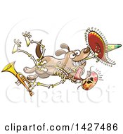 Clipart Of A Cartoon Dog Stealing A Mexican Day Of The Dead Skeleton Holding A Trumpet Royalty Free Vector Illustration by Zooco