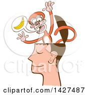 Poster, Art Print Of Cartoon Mind Monkey In A Mans Head Screaming About Bananas