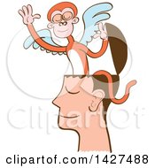 Poster, Art Print Of Cartoon Mind Monkey In A Mans Head Flying Away