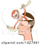 Clipart Of A Cartoon Mind Monkey In A Mans Head Tickling His Nose With Feathers Royalty Free Vector Illustration by Zooco