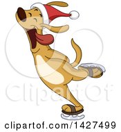 Poster, Art Print Of Cartoon Happy Dog Wearing A Santa Hat And Ice Skating