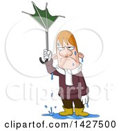 Poster, Art Print Of Cartoon Soaking Wet Man Holding A Broken Umbrella In The Rain