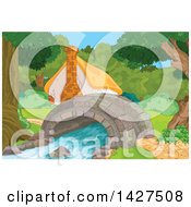 Poster, Art Print Of Cute Cottage In The Woods Next To A Creek With A Foot Bridge
