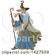 Long Haired Old Male Wizard Holding A Staff And Pointing