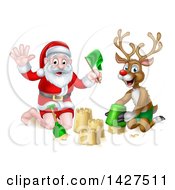 Poster, Art Print Of Happy Rudolph Red Nosed Reindeer And Santa Making A Sand Castle