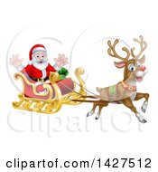Poster, Art Print Of Rudolph The Red Nosed Reindeer Flying Santa In A Sleigh