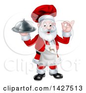 Poster, Art Print Of Cartoon Happy Christmas Santa Claus Gesturing Ok Wearing A Reindeer Apron And Holding A Food Cloche Platter