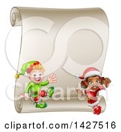 Poster, Art Print Of Happy Christmas Elves By A Blank Scroll Sign