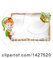 Poster, Art Print Of Happy Caucasian Male Christmas Elf Pointing Aorund A Blank Sign With Bells
