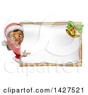 Poster, Art Print Of Happy Black Female Christmas Elf Pointing Around A Blank Sign
