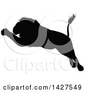 Clipart Of A Black Silhouetted Male Lion Leaping Royalty Free Vector Illustration