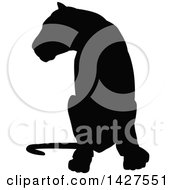 Clipart Of A Black Silhouetted Lioness Sitting Royalty Free Vector Illustration by AtStockIllustration