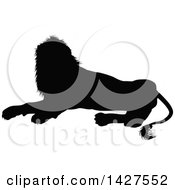 Clipart Of A Black Silhouetted Male Lion Resting Royalty Free Vector Illustration