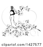 Clipart Of A Silhouetted Black And White Bride In Her Dress With Swirls Royalty Free Vector Illustration