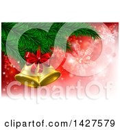 Poster, Art Print Of 3d Gold Christmas Bells With A Bow On Tree Branches Over Red With Snowflakes