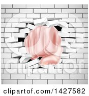 Clipart Of A Caucasian Fist Punching Through A 3d White Brick Wall Royalty Free Vector Illustration