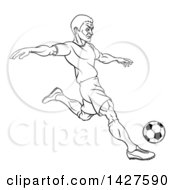 Poster, Art Print Of Black And White Lineart Male Soccer Football Player Kicking A Ball