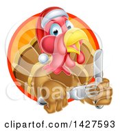 Poster, Art Print Of Christmas Turkey Bird Wearing A Santa Hat And Holding Silverware Emerging From A Sunny Circle