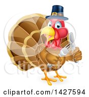 Hungry Thanksgiving Turkey Bird Wearing A Pilgrim Hat And Holding Silverware