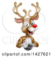 Poster, Art Print Of Cartoon Happy Rudolph Red Nosed Reindeer Over An Edge