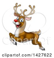 Poster, Art Print Of Cartoon Happy Rudolph Red Nosed Reindeer Leaping Or Flying