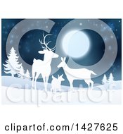 Poster, Art Print Of White Silhouetted Deer Family Under A Full Moon In A Winter Landscape At Night
