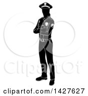 Clipart Of A Black And White Silhouetted Standing Female Police Officer With Folded Arms Royalty Free Vector Illustration