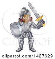 Happy Black Girl In Full Knight Armour Holding A Shield And Sword
