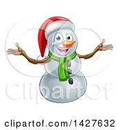 Poster, Art Print Of Happy Snowman Wearing A Christmas Santa Hat And Welcoming