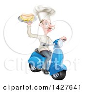 White Male French Chef With A Curling Mustache Holding A Hot Dog And Fries On A Tray And Driving A Scooter