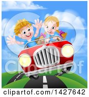 Poster, Art Print Of Blond White Girl Driving A Boy In A Red Convertible Car Catching Air On A Rural Road