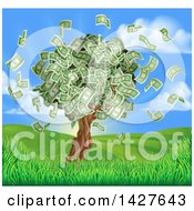 Money Tree With Cash Falling Off In A Hilly Landscape With A Sunrise