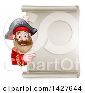 Clipart Of A Cartoon Happy Male Pirate Captain Pointing Around A Blank Scroll Sign Royalty Free Vector Illustration by AtStockIllustration