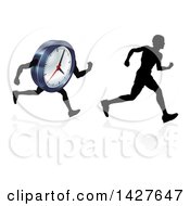 Poster, Art Print Of Silhouetted Man Racing A Clock Character With A Reflection
